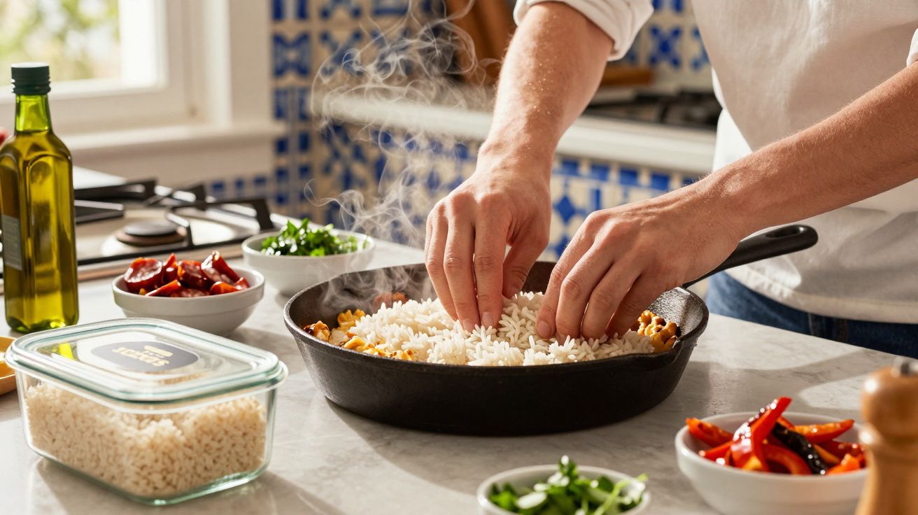 Pessoa a cozinhar arroz numa frigideira preta com várias taças de legumes e azeite à volta na bancada da cozinha.
