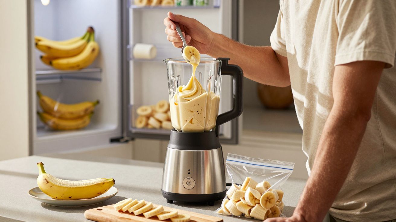 Pessoa a preparar batido de banana com liquidificador na cozinha, com bananas cortadas e inteiras à vista.