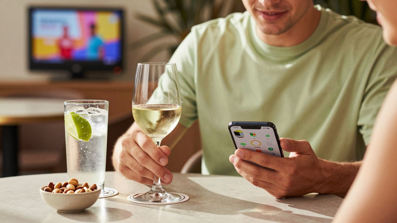 Homem com copo de vinho branco na mão, a olhar para o telemóvel numa mesa com snacks e bebida.