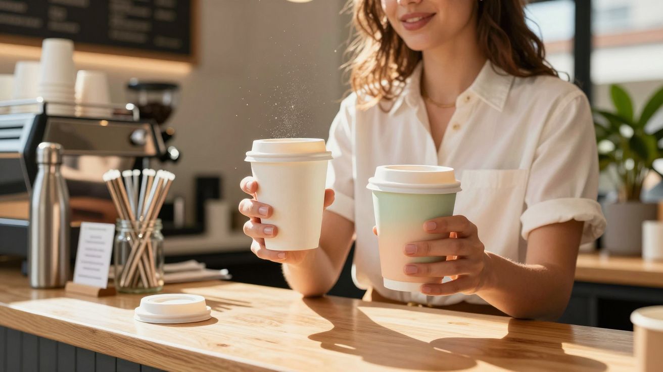 Mulher a servir dois cafés para levar num balcão de café com ambiente descontraído e luz natural.
