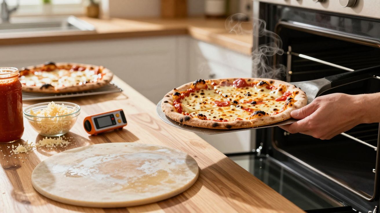 Pessoa a retirar pizza fumegante do forno numa cozinha com ingredientes e tabuleiro para pizza na bancada.