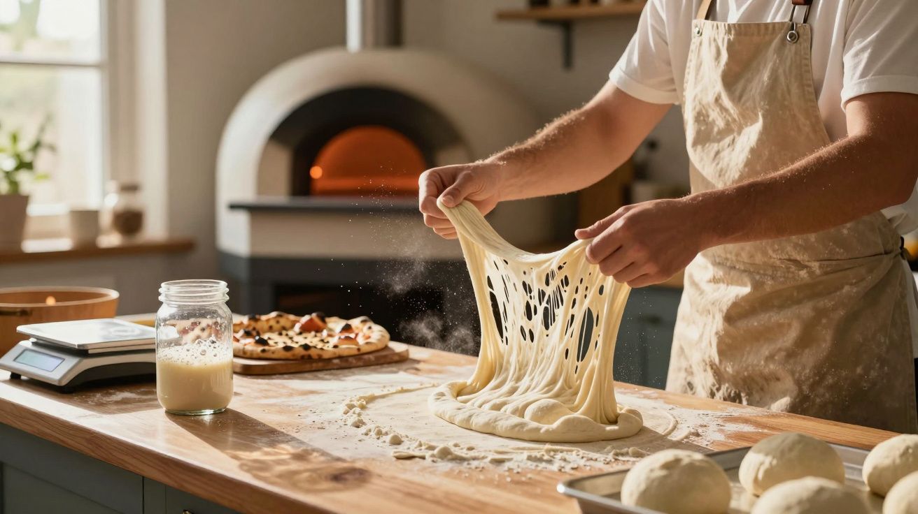Pessoa amassa massa de pão ou pizza numa cozinha com forno a lenha ao fundo e ingredientes na bancada.