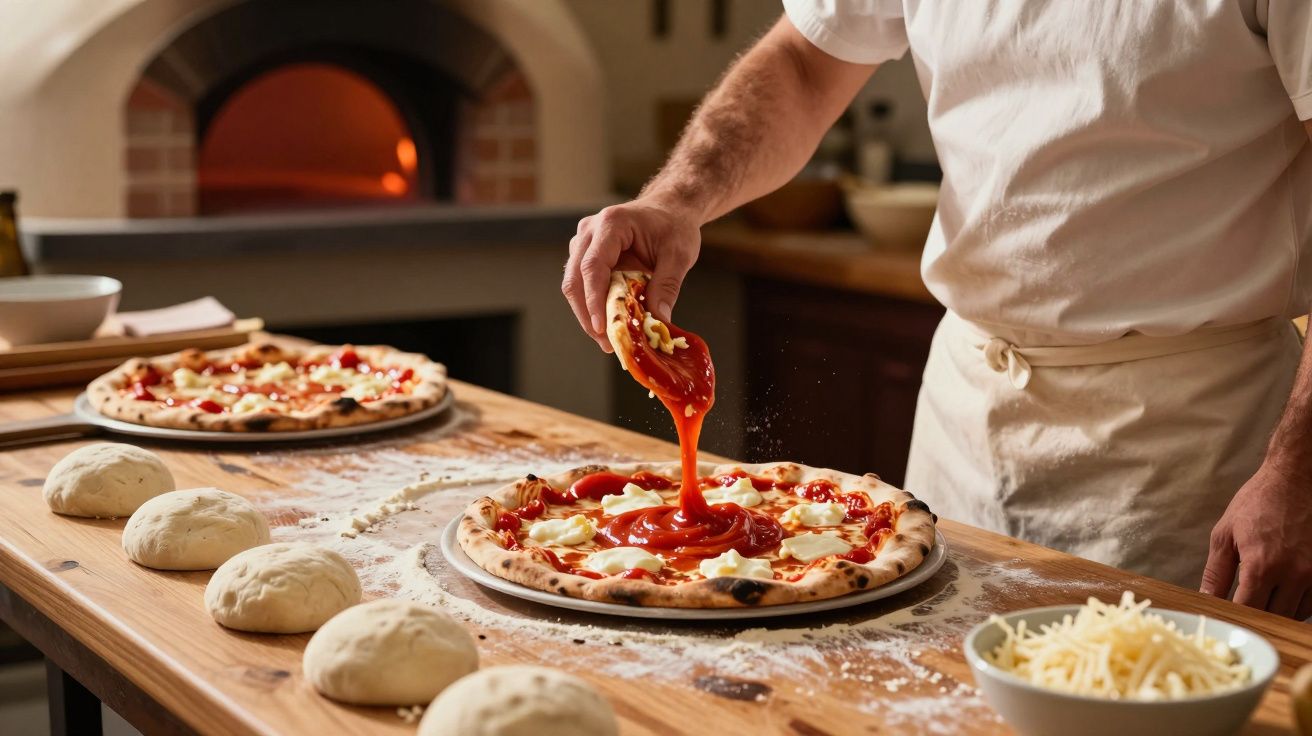 Pessoa a preparar pizza artesanal adicionando molho, com forno a lenha e massa fresca na mesa.