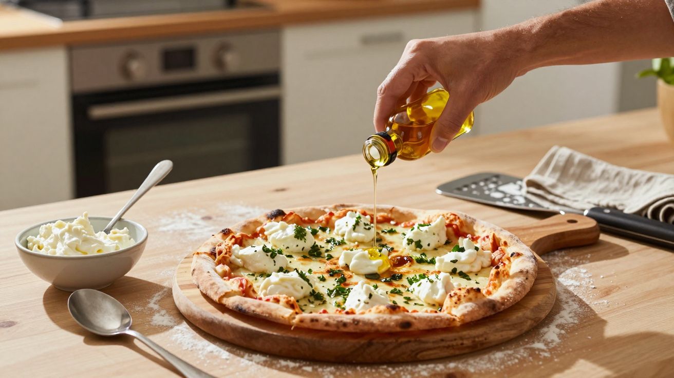 Mão a verter azeite numa pizza com queijo e ervas numa tábua de madeira numa cozinha.