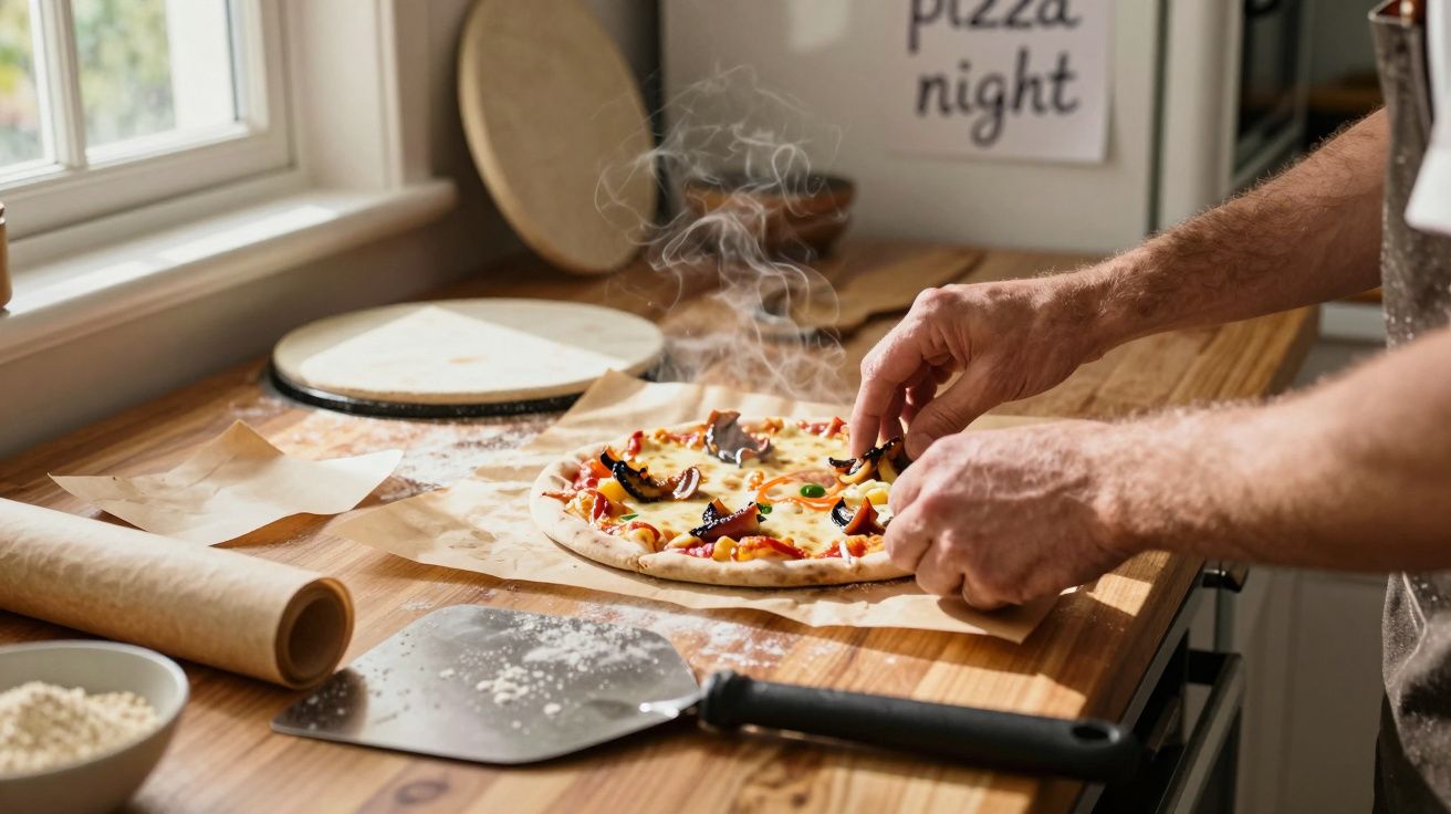 Mãos a decorar uma pizza quente com cogumelos e pimentos na cozinha iluminada por luz natural.