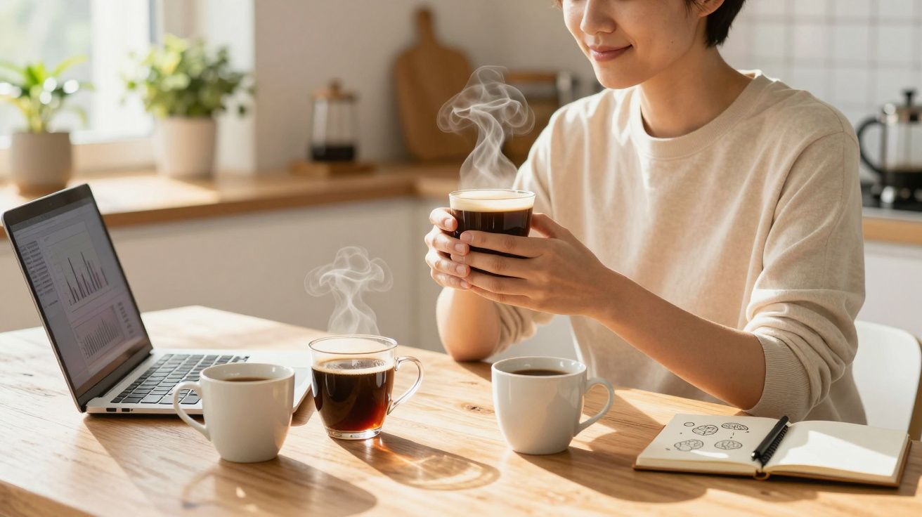 Pessoa sentada numa mesa com três chávenas de café a vapor e um computador portátil aberto.