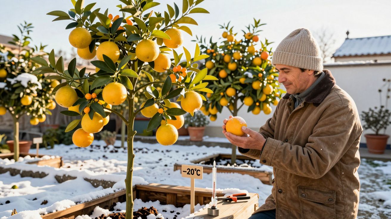 Homem com casaco e gorro inspeciona laranja num pomar coberto de neve com termómetro a -20°C.