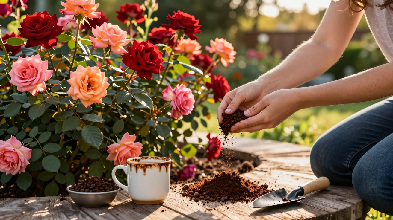 Pessoa a tocar terra junto a um canteiro de rosas vermelhas, rosas cor-de-rosa e uma chávena de café.