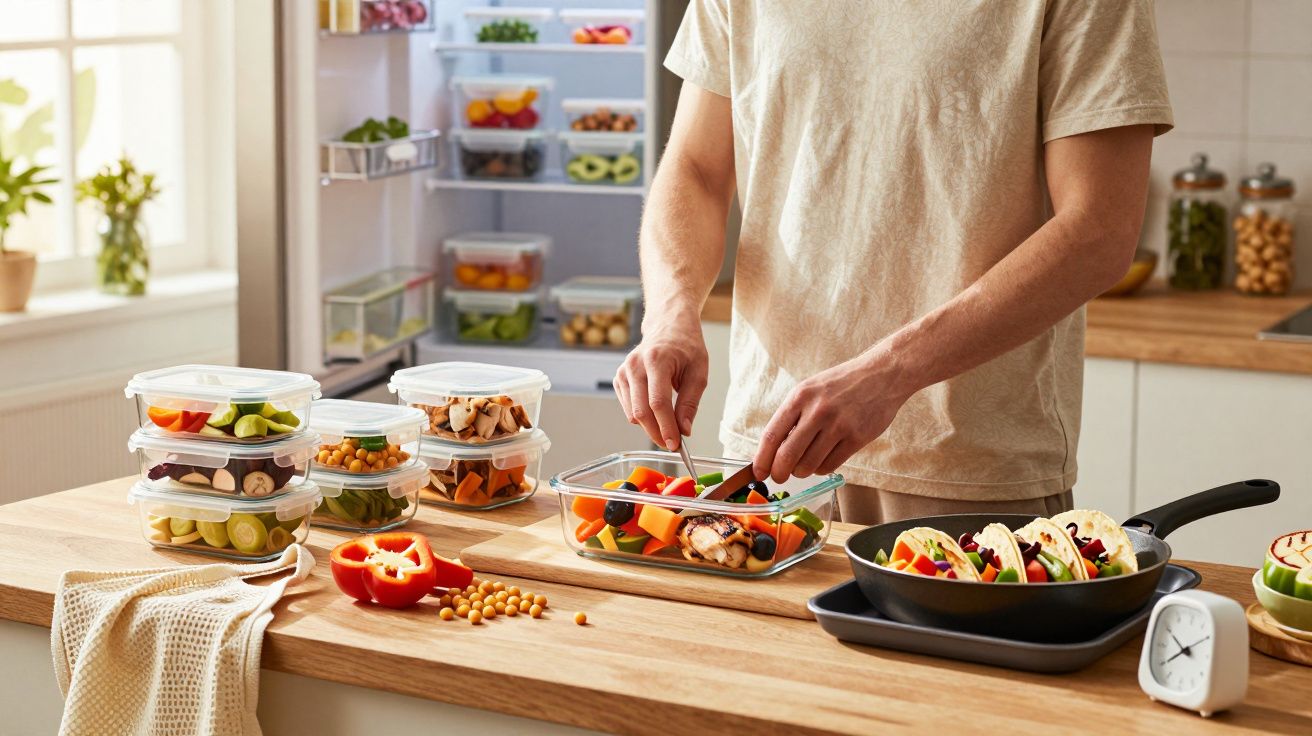Pessoa a preparar refeições saudáveis com legumes e frango em recipientes na cozinha organizada e luminosa.