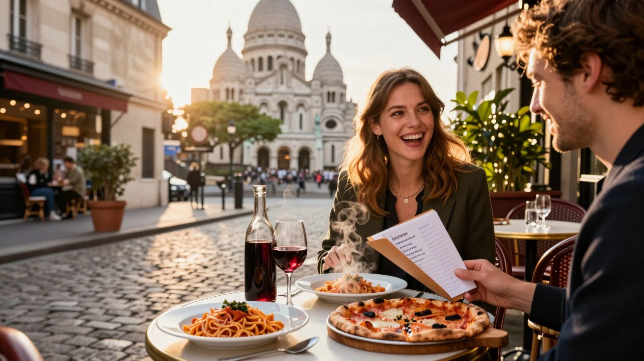 Casal sorridente a almoçar numa esplanada em Paris com pizza, massa e vinho, Sacré-Cœur ao fundo.