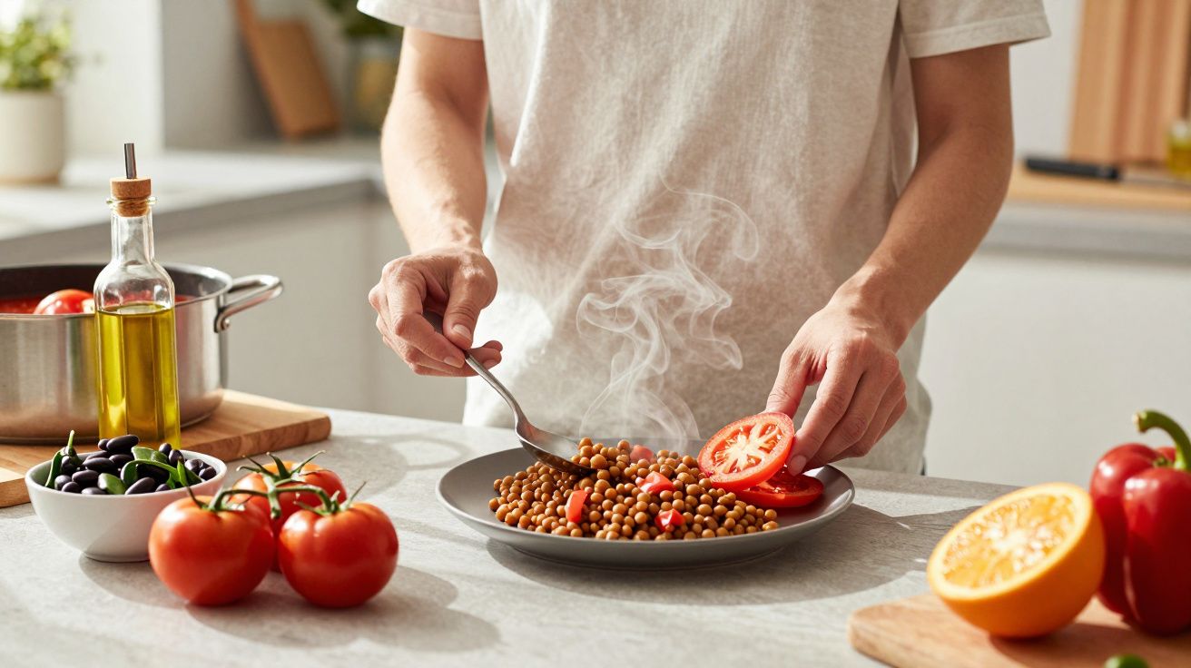 Pessoa a colocar tomate numa travessa com comida fumegante numa cozinha iluminada.