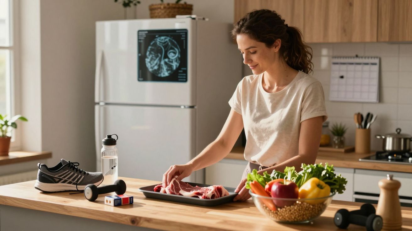 Mulher prepara carne na cozinha com frutas, legumes, halteres e ténis ao lado numa bancada de madeira.