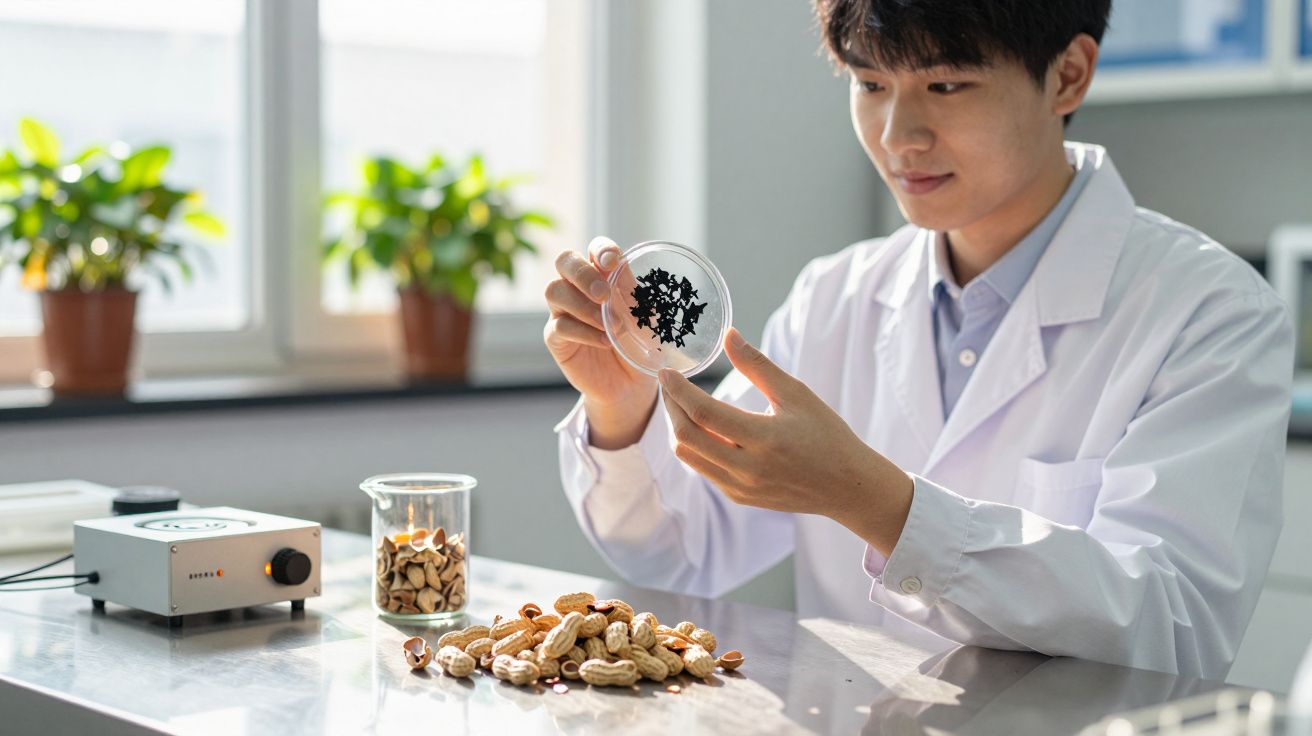 Cientista em bata branca examina amostra em placa de Petri, com amendoins e equipamento de laboratório na mesa.