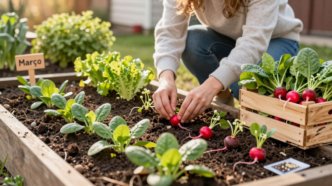 Pessoa a apanhar rabanetes frescos numa horta em canteiro com placa de madeira com a palavra "Março".