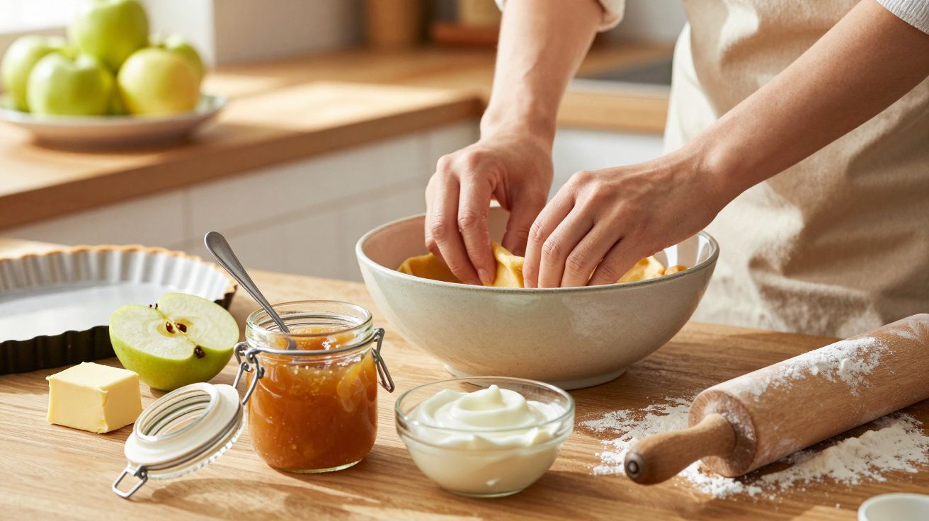 Mãos a preparar massa com frutos cortados numa tigela, com utensílios e ingredientes numa bancada de madeira.