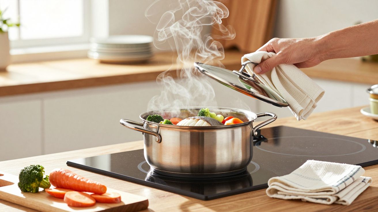 Panela de aço inox com legumes a cozinhar num fogão elétrico, com vapor a sair.