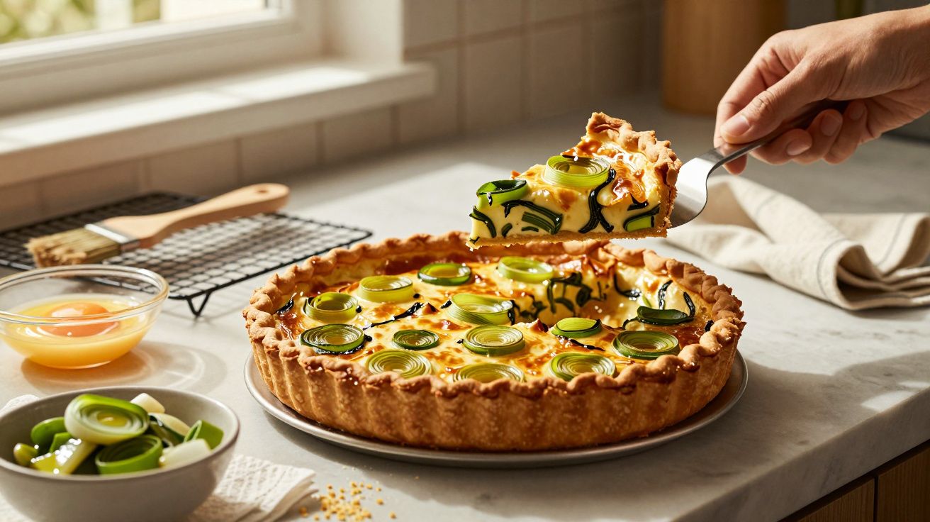 Tarte salgada com alho-francês em fatia sendo retirada numa cozinha iluminada natural.
