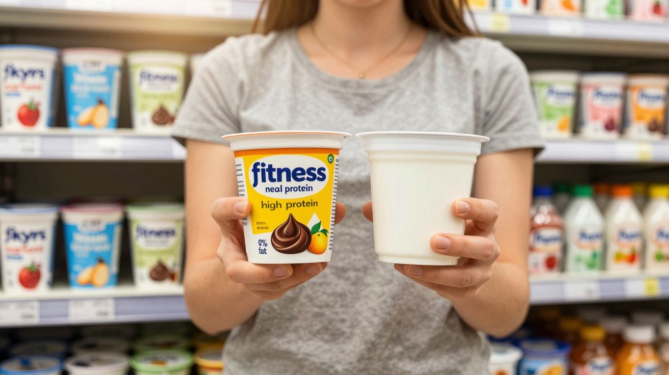 Pessoa a segurar iogurte Fitness proteico de chocolate e copo vazio em supermercado.