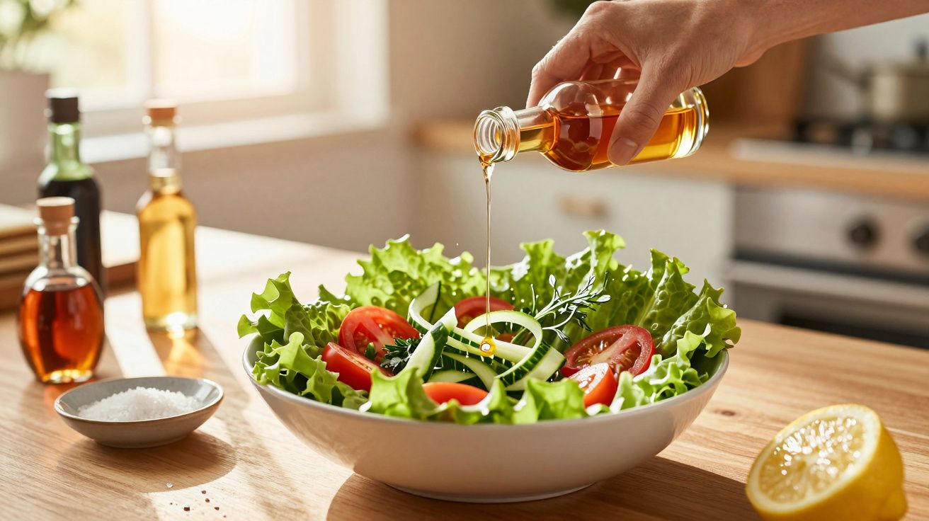 Mão a deitar azeite numa taça com salada fresca de alface, tomate, pepino e cebola numa cozinha luminosa.
