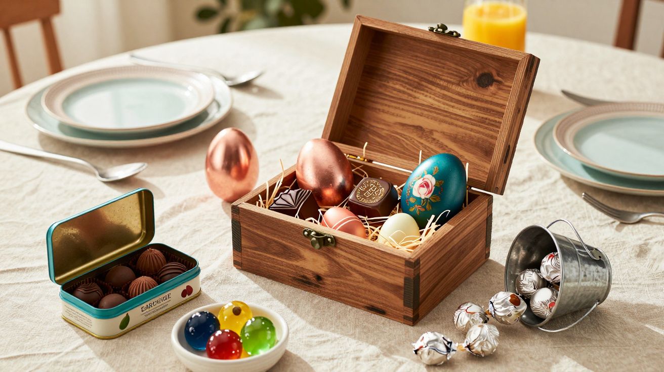 Caixa de madeira com ovos e chocolates decorativos numa mesa posta com pratos e copo de sumo.
