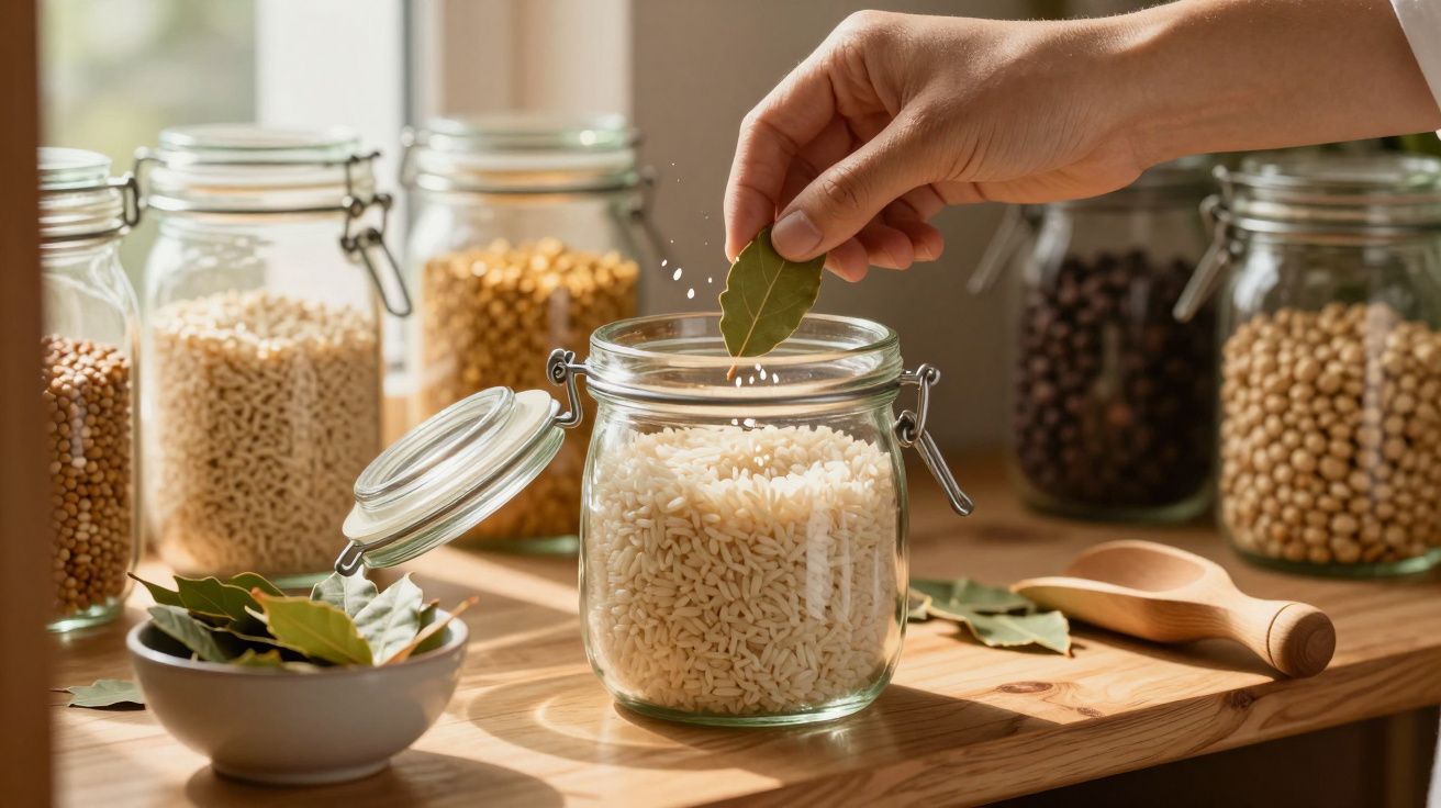 Mão a colocar folha de louro em frasco de vidro com arroz num balcão de cozinha com outros frascos e folhas.
