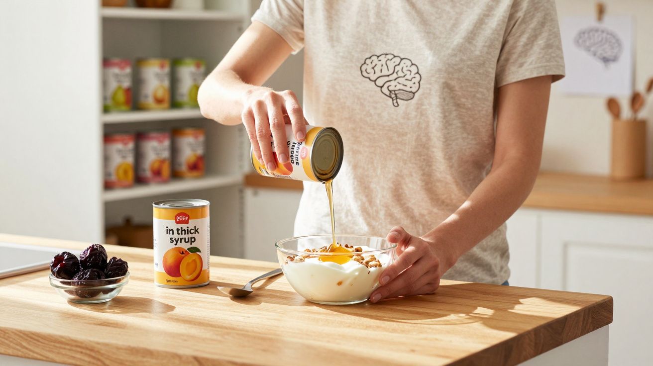 Pessoa a verter pêssegos em calda espessa para taça com iogurte e nozes numa cozinha iluminada.