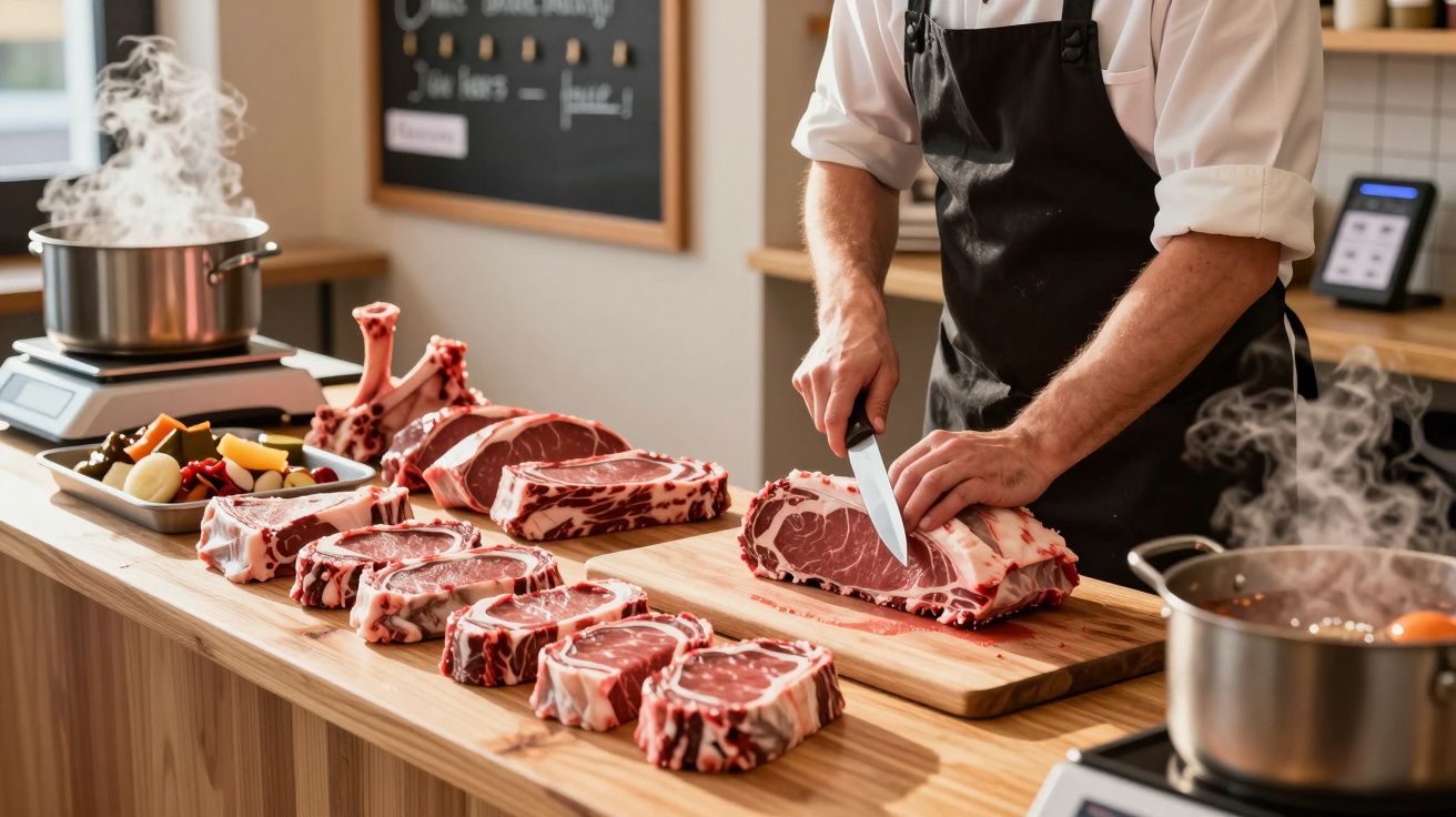 Chef a cortar carne crua em pedaços numa cozinha com vários cortes de carne e panela a ferver.