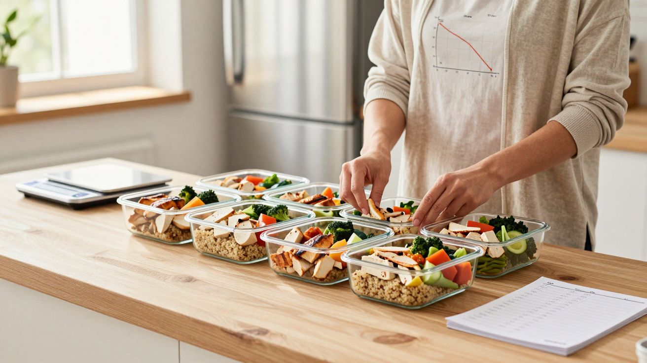Pessoa a preparar refeições saudáveis em marmitas de vidro numa cozinha moderna, com legumes e frango.