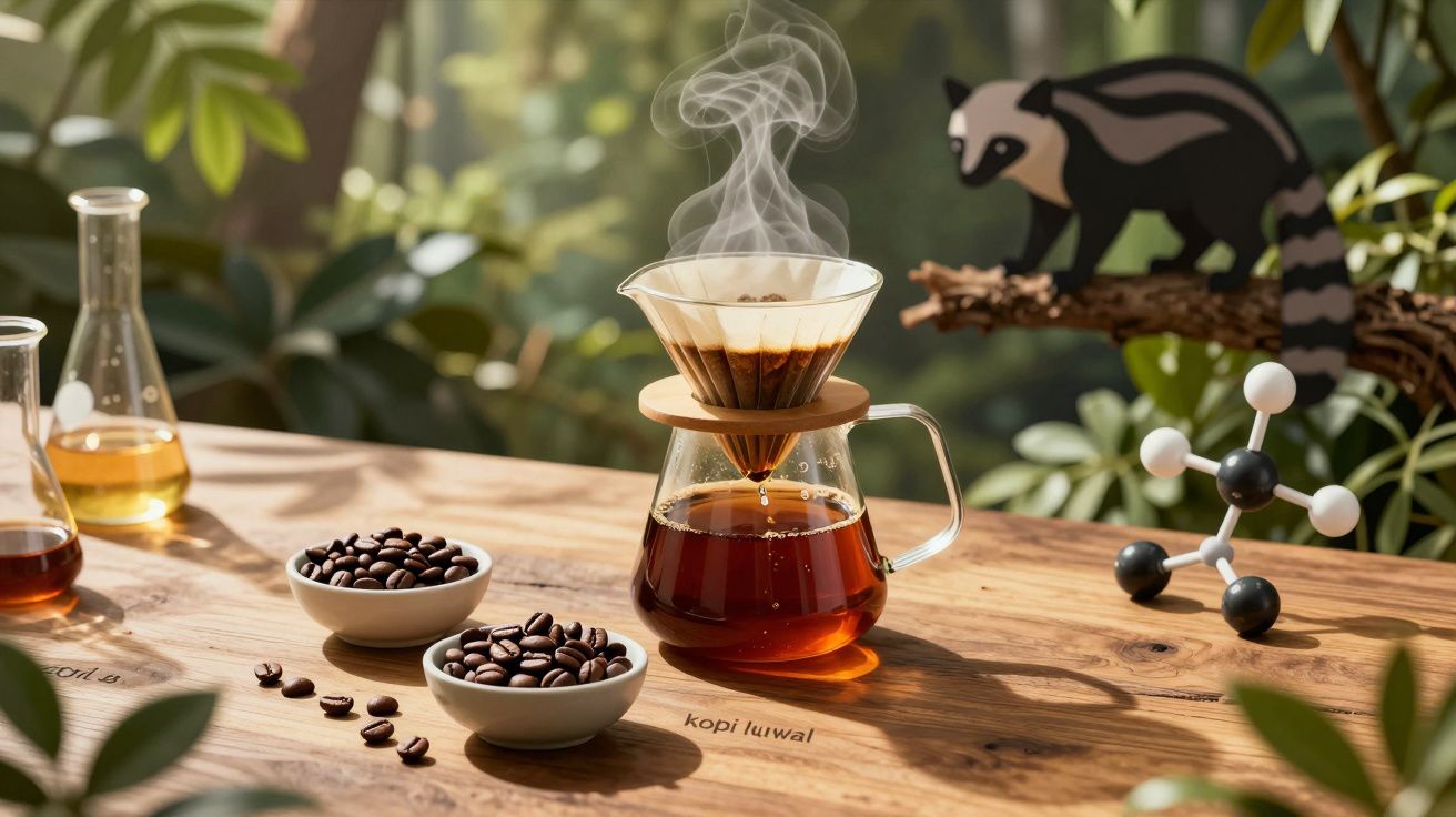 Café a ser coado com grãos de café em taças e molécula de cafeína sobre mesa de madeira.