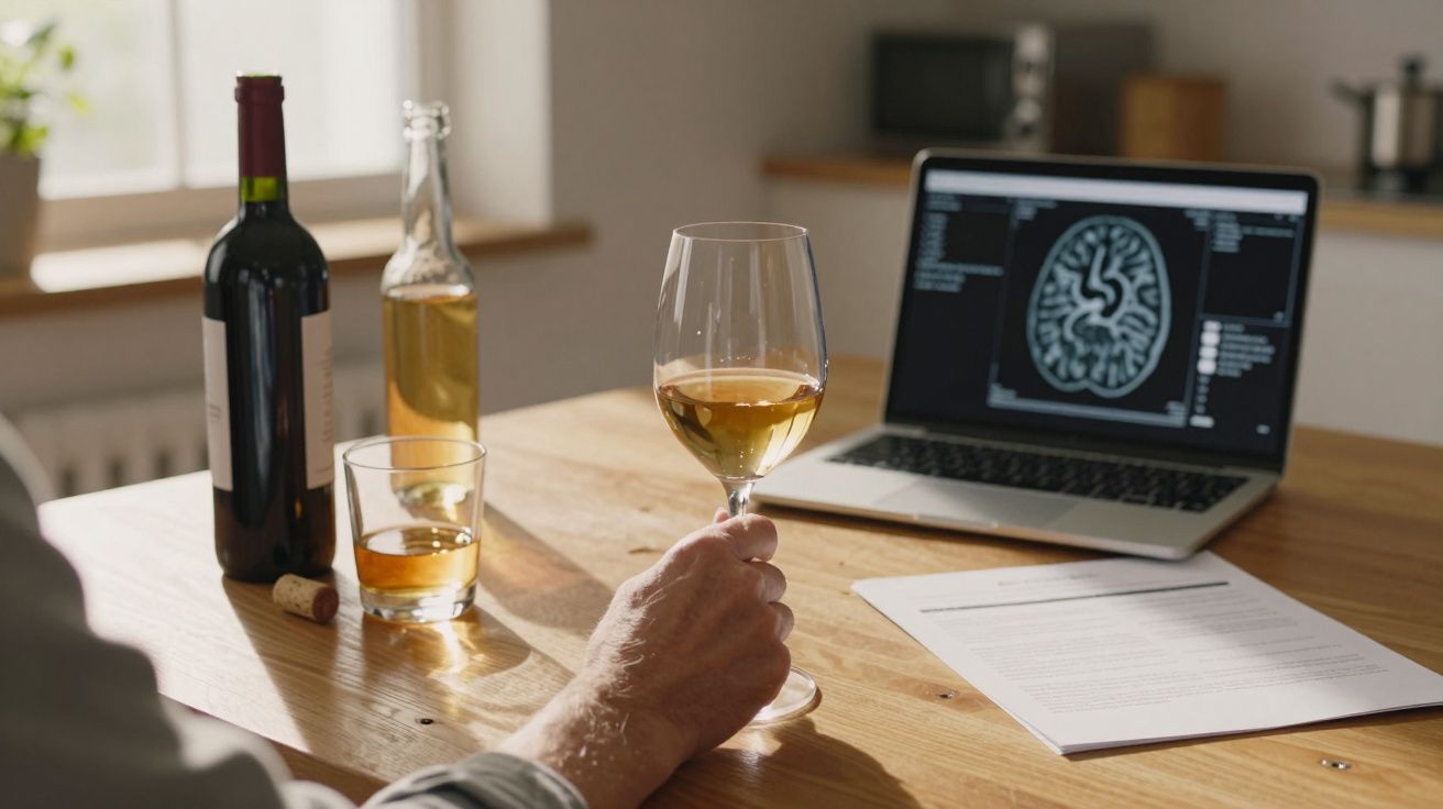Pessoa a segurar copo de vinho branco numa mesa com garrafas, copo de uísque, documentos e portátil aberto com imagem cerebra