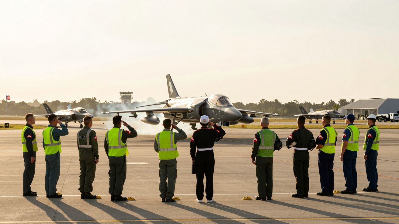 Pessoal militar a saudar avião de caça na pista de um aeroporto ao pôr do sol.