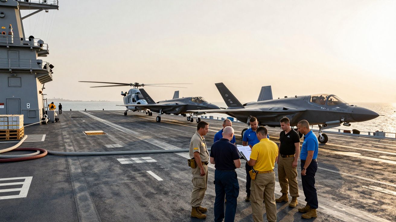 Soldados em convés de porta-aviões com dois jatos F-35 e um helicóptero ao fundo ao pôr do sol.