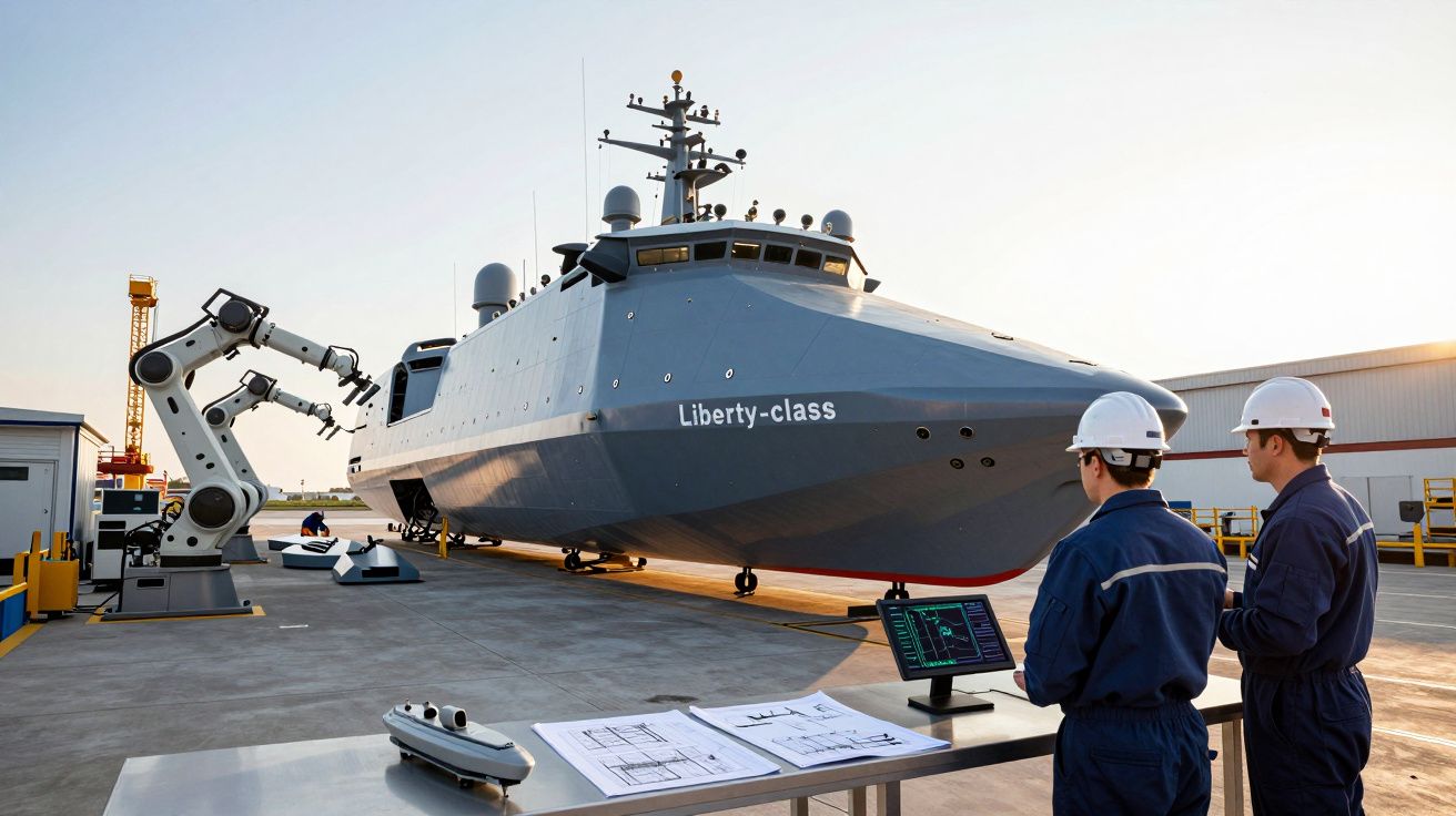 Dois engenheiros com capacete observam um navio Liberty-class numa doca com braços robóticos e plantas técnicas.