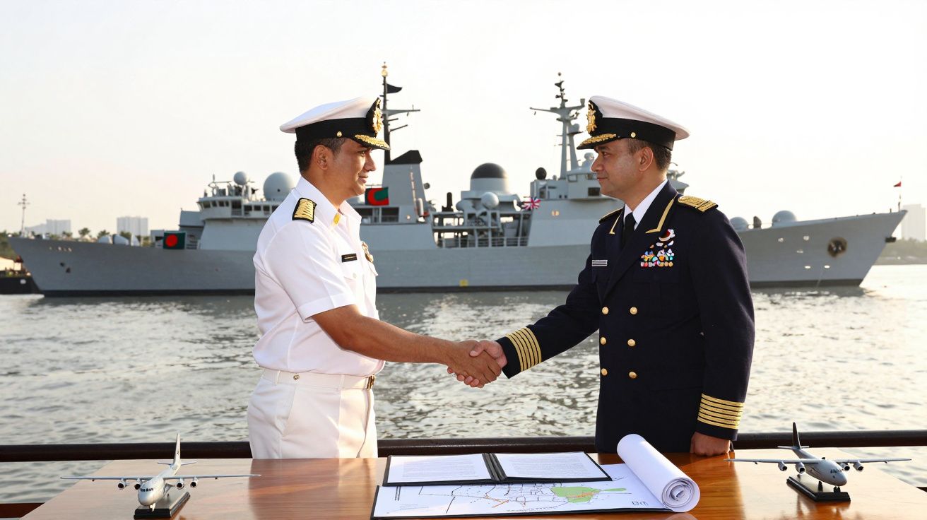 Dois oficiais navais apertam as mãos em frente a um navio de guerra ancorado, com mapas e modelos de aviões na mesa.