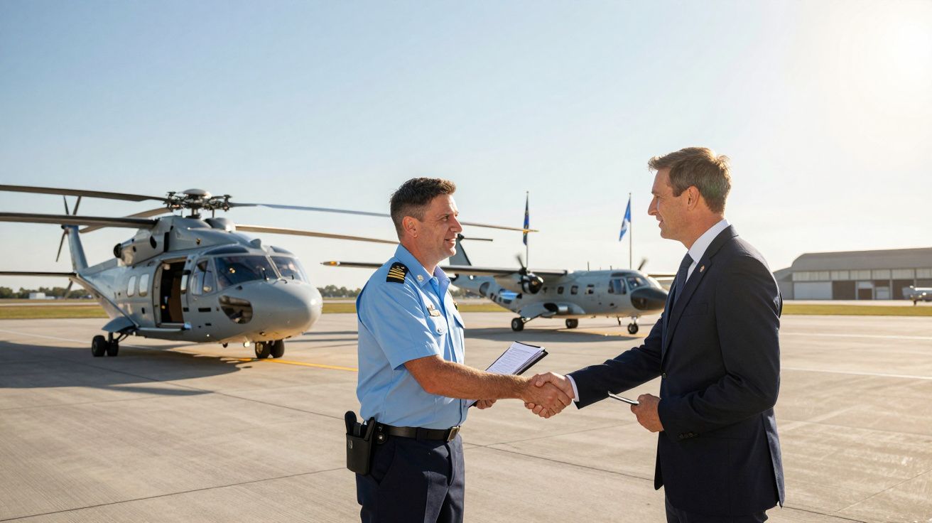 Dois homens a cumprimentar-se num aeroporto, com helicóptero e avião militar ao fundo.