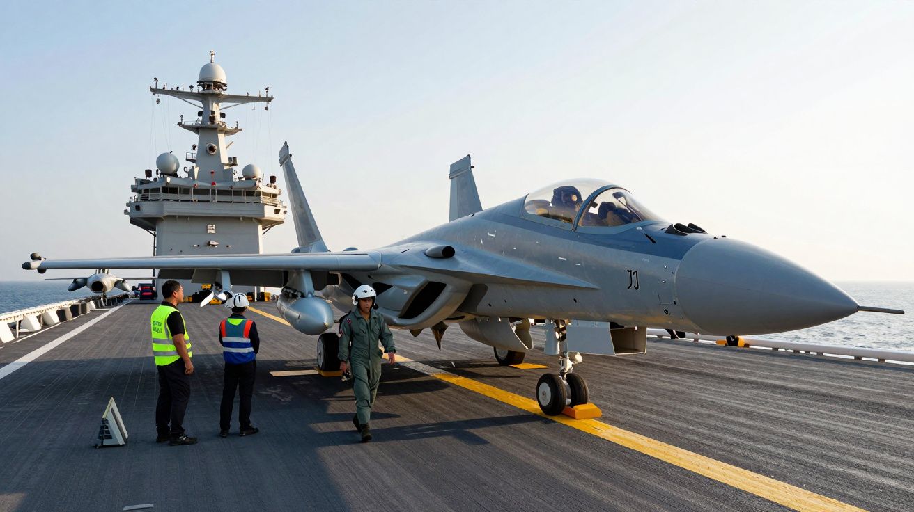 Caça militar cinzento estacionado no convés de um porta-aviões com três tripulantes ao lado.