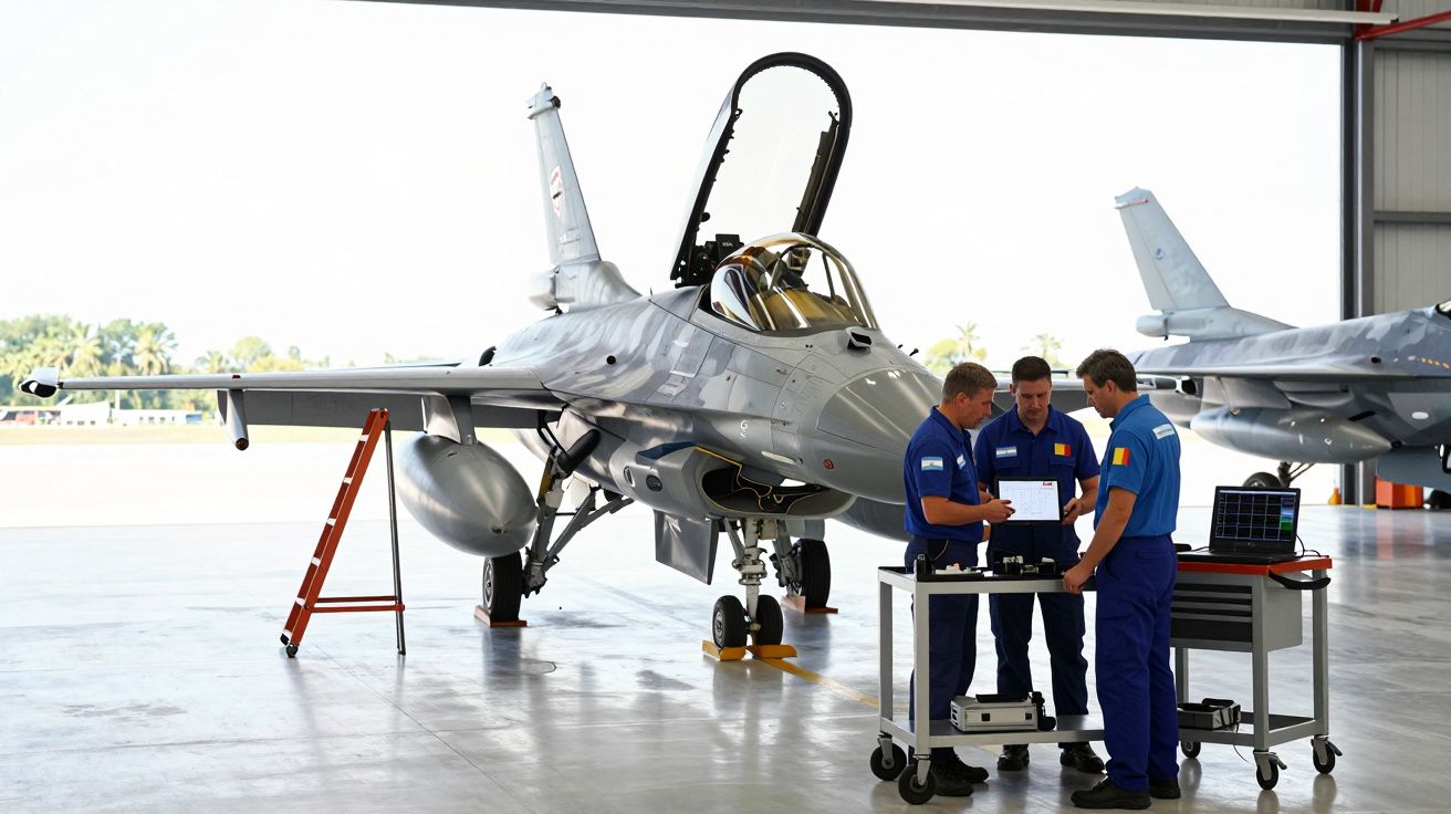Três técnicos em uniforme azul analisam equipamento junto a um caça militar estacionado numa hangar.