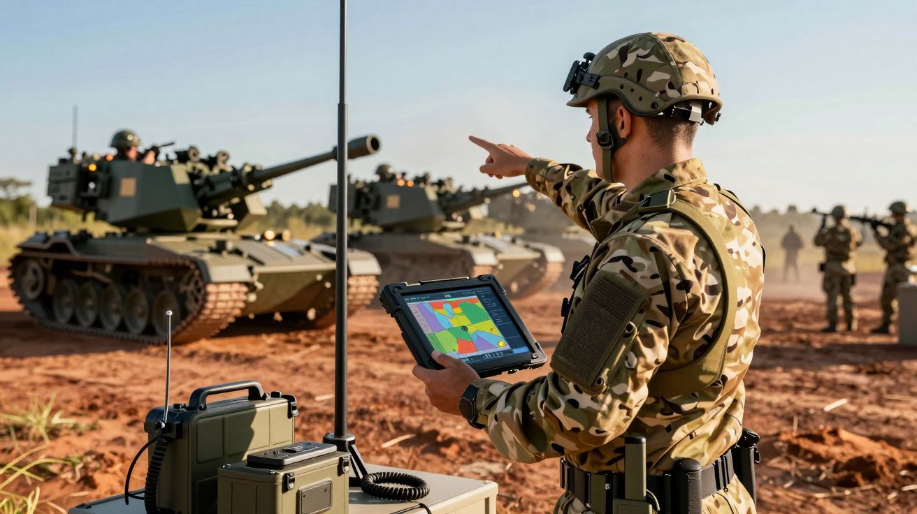 Soldado com tablet a controlar tanques militares num terreno seco durante treino.