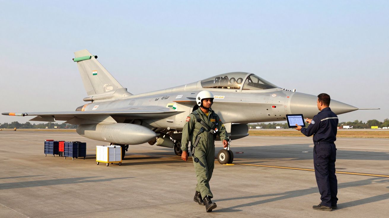 Caça militar cinzento estacionado numa pista com dois técnicos, um com fato de voo e capacete e outro com tablet.