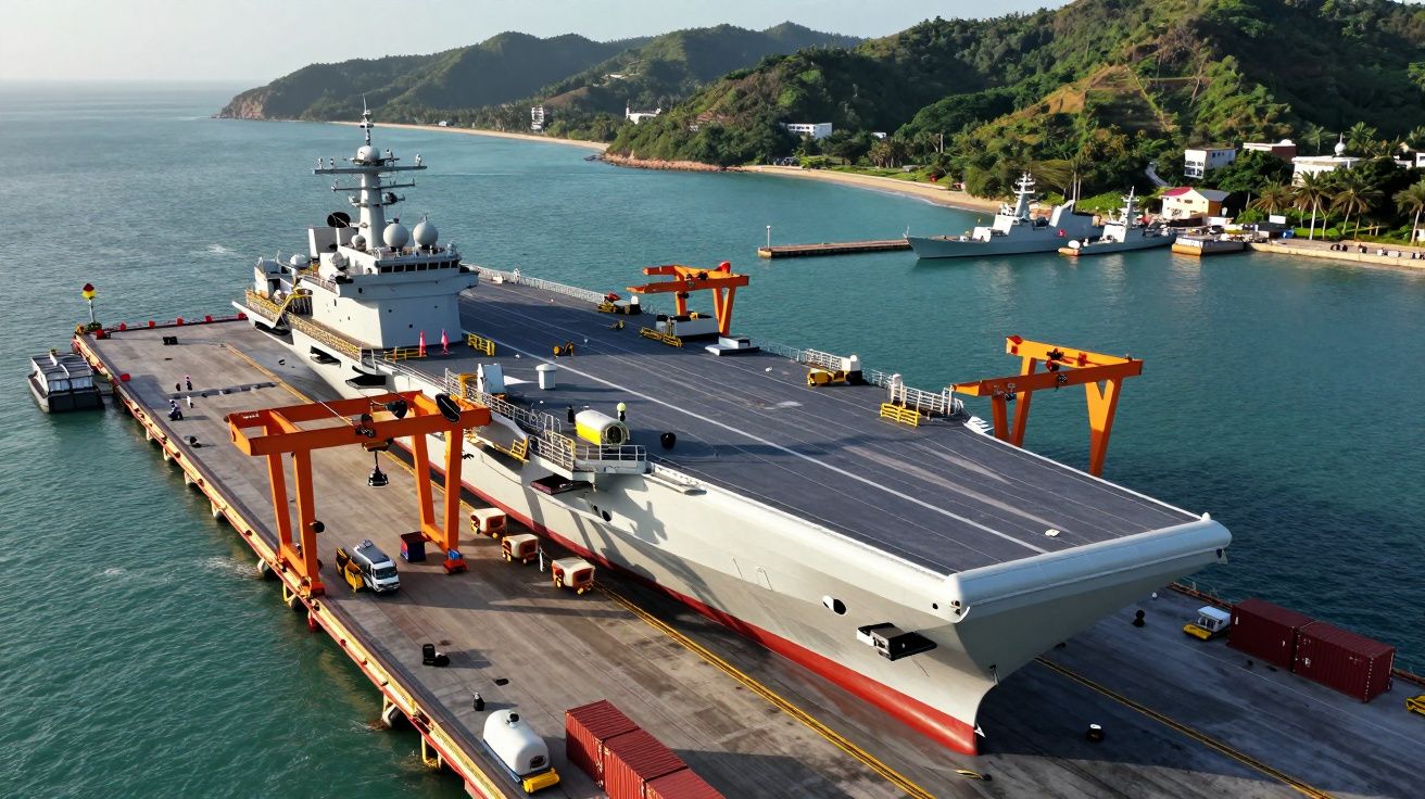 Porta-aviões ancorado em doca com guindastes laranja, ao lado de costa verdejante e outras embarcações militares.