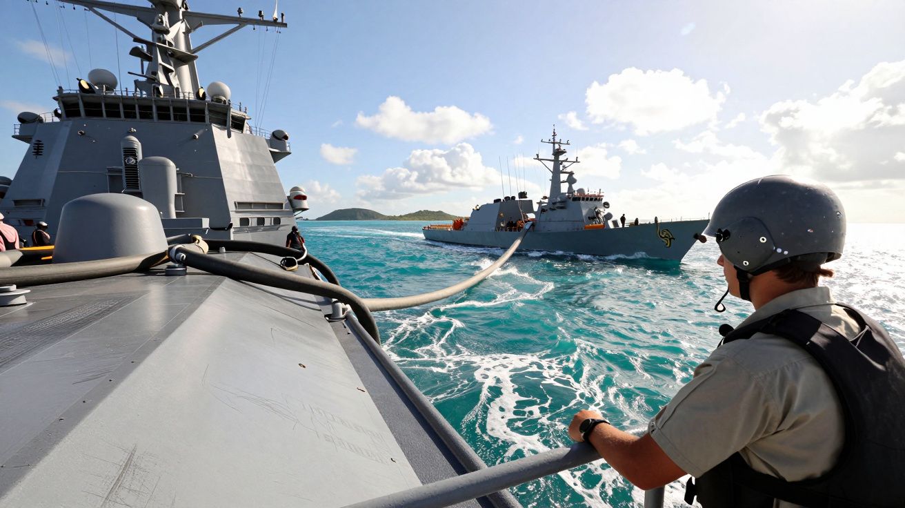 Marinheiro com capacete observa o reboque de um barco naval em mar azul sob céu nublado.