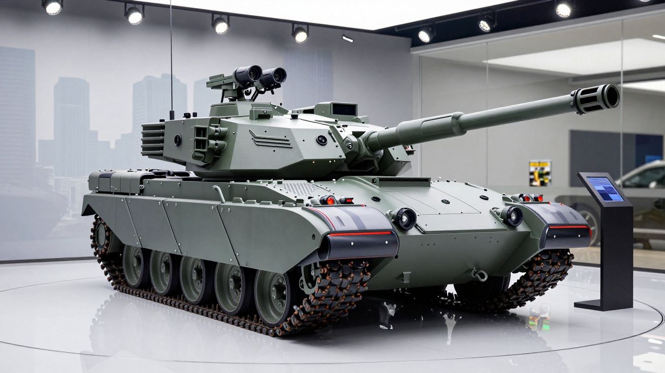 Tanque de guerra moderno verde exibido num museu com mira e lança projéteis.