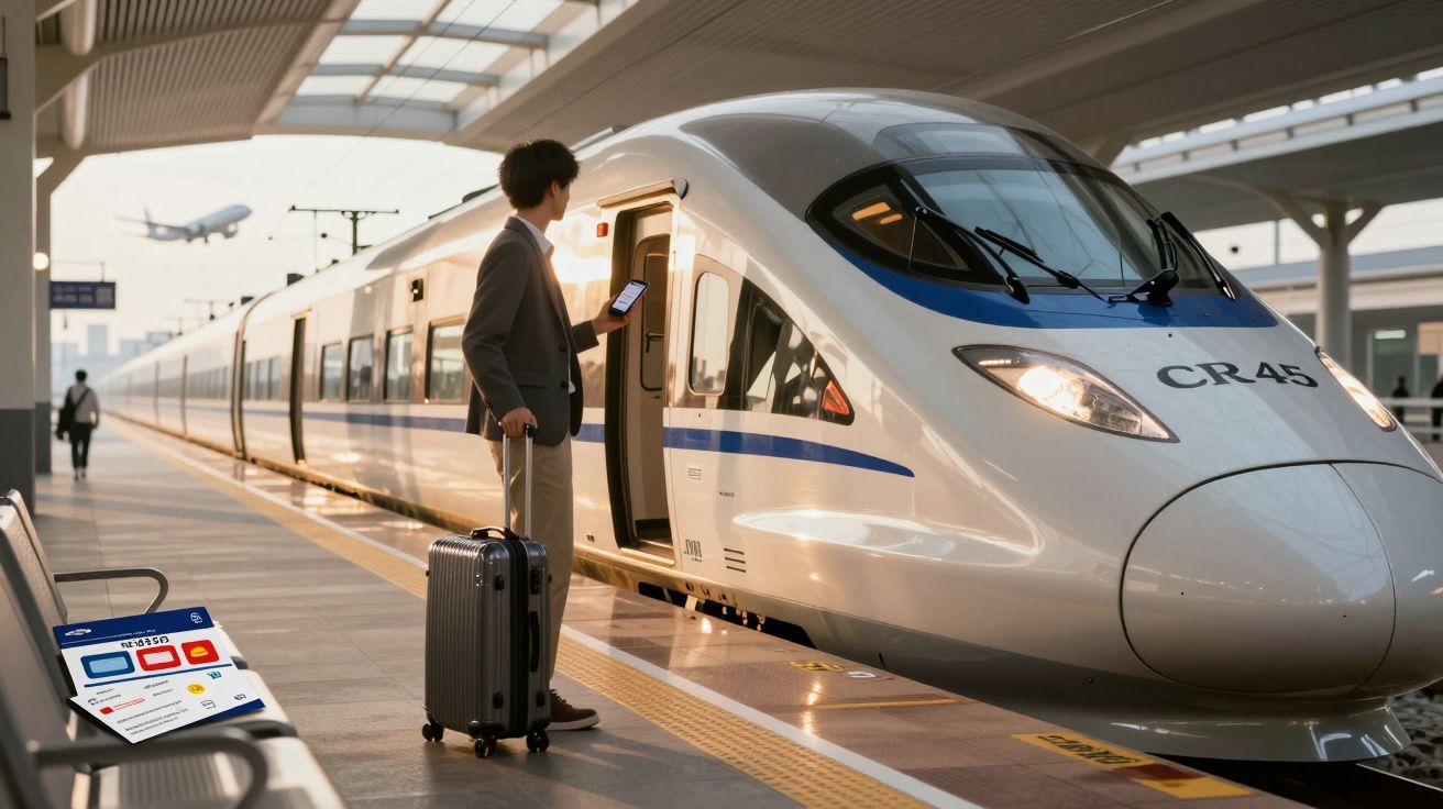 Passageiro com mala e bilhete digital a entrar num comboio de alta velocidade numa estação moderna.