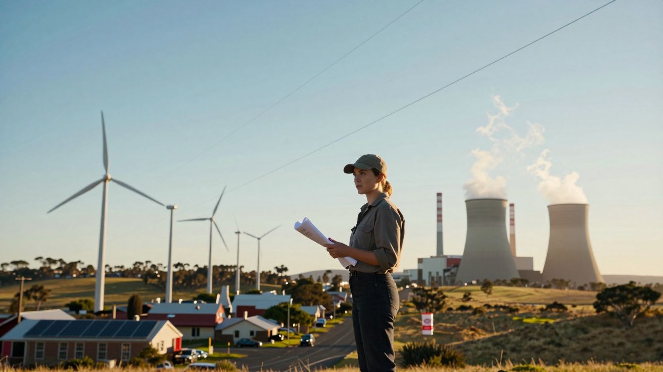 Mulher com boné e roupa de trabalho observa turbinas eólicas e central termoelétrica com fumaça.