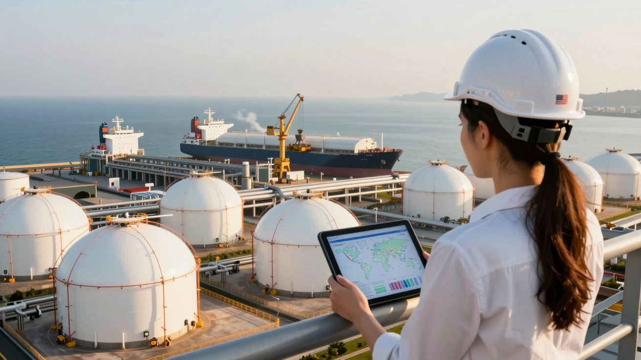 Engenheira com capacete observa reservatórios de combustível e navio petroleiro num porto industrial.