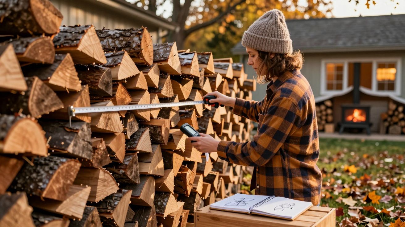 Pessoa a medir tronco de lenha empilhada num jardim com lareira ao fundo.