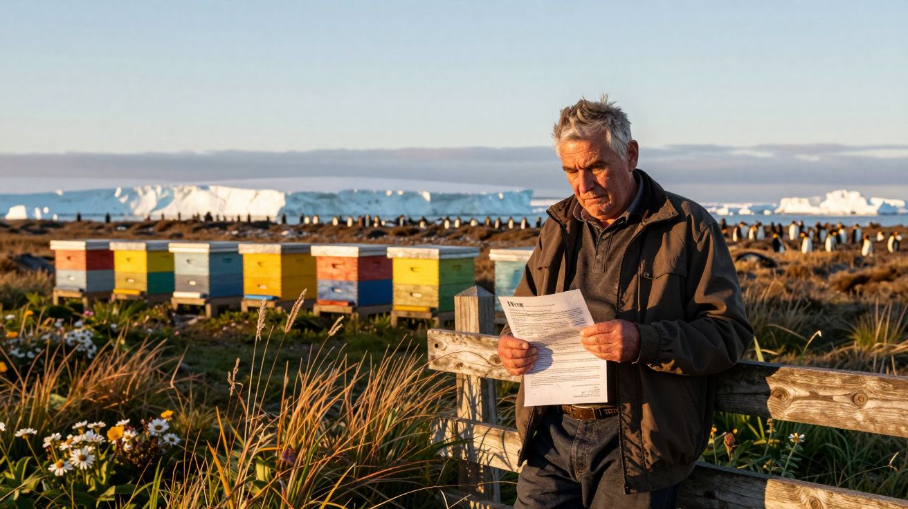 Homem com documentos junto a colmeias coloridas e pinguins, com iceberg ao fundo, ao pôr do sol.