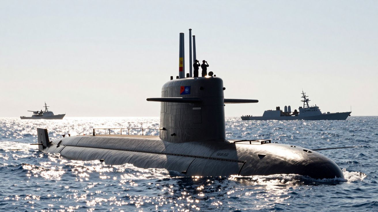 Submarino militar em superfície com dois navios de guerra ao fundo no mar aberto.
