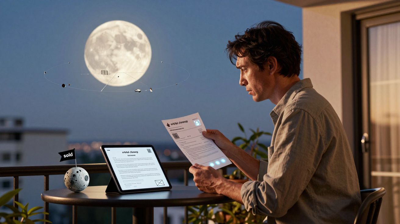 Homem sentado a ler documentos com tablet numa mesa, a lua cheia e representação do sistema solar ao fundo.