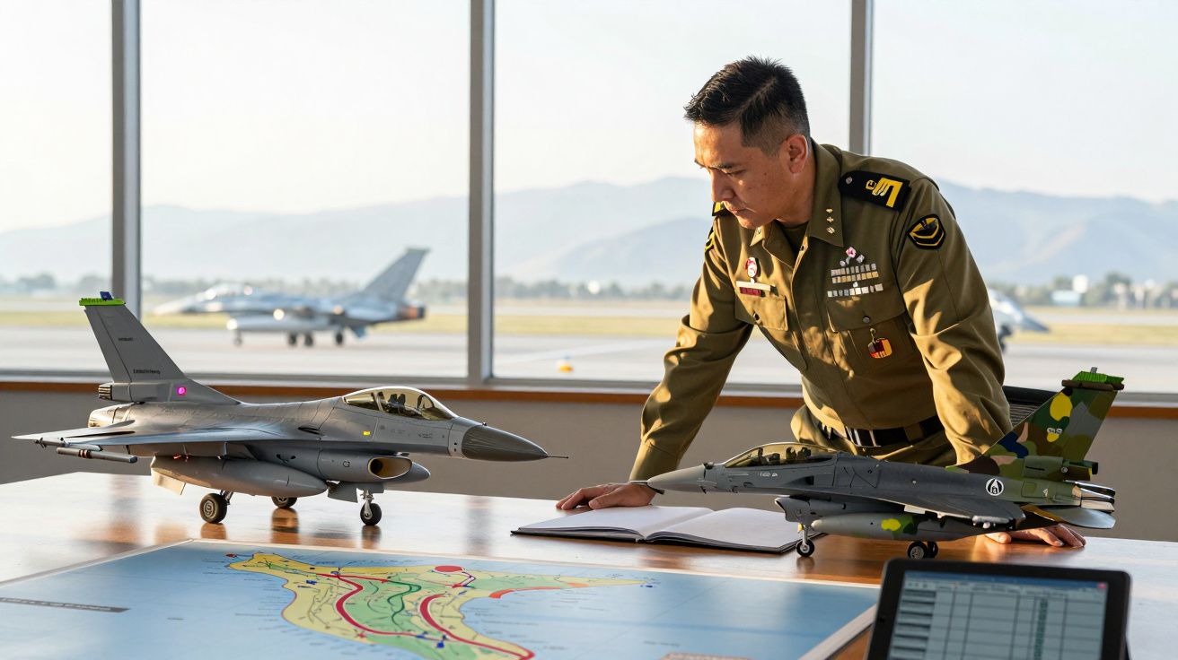 Militar em uniforme observa maquetes de aviões de combate numa sala com vista para a pista do aeroporto.